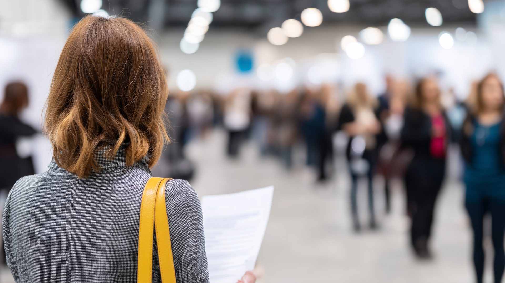 Rear view of a person with auburn hair, holding documents, looking at a blurred conference crowd.