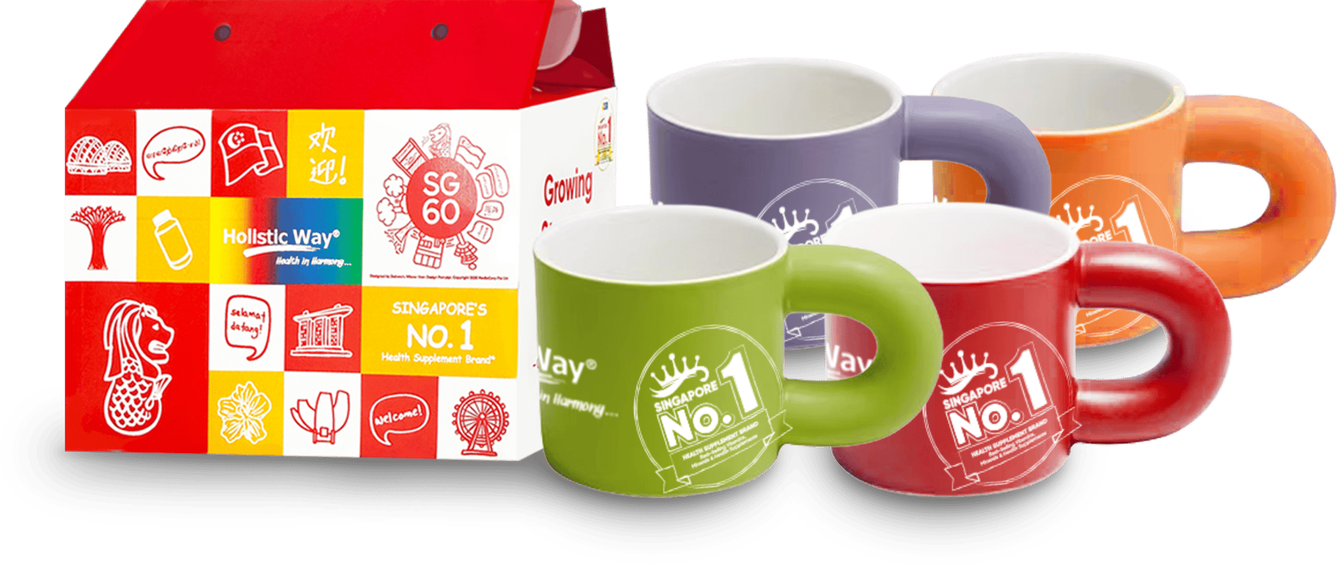 Holistic Way branded box and four colorful mugs with large handles, promoting "Singapore's No.1 Health Supplement Brand."