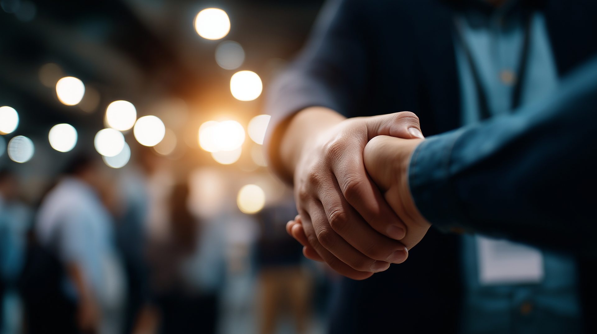 Handshake with blurred background of lights and people.
