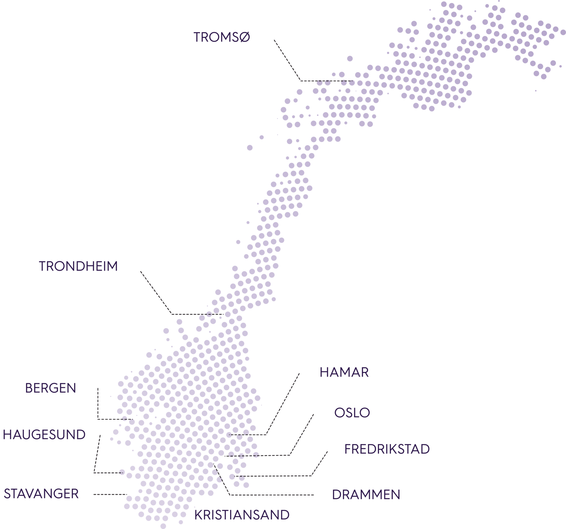 Dotted map of Norway highlighting major cities like Oslo, Bergen, and Trondheim.
