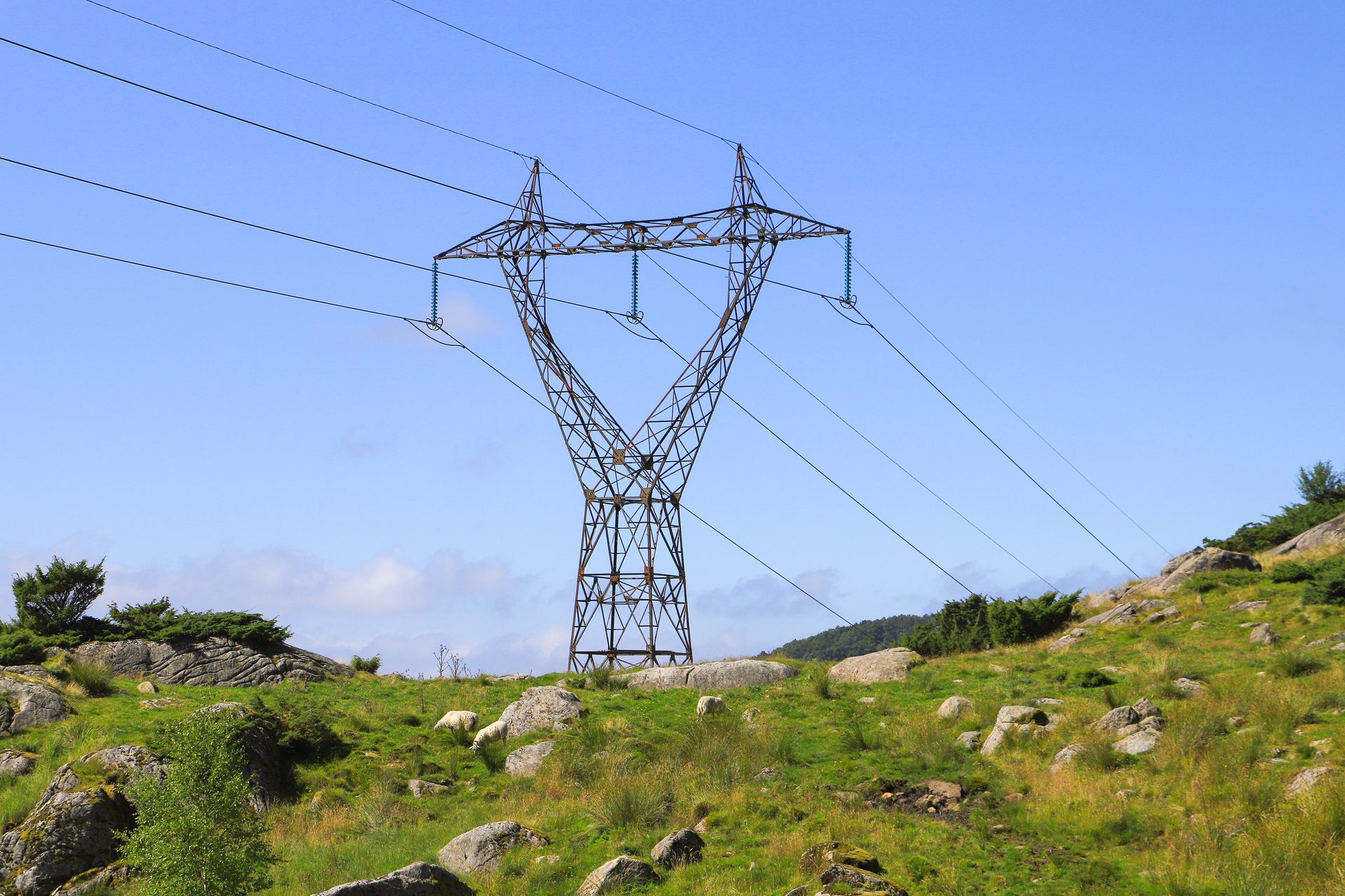 Overhead power line, Natural landscape, Sky, Plant, Electricity, Slope