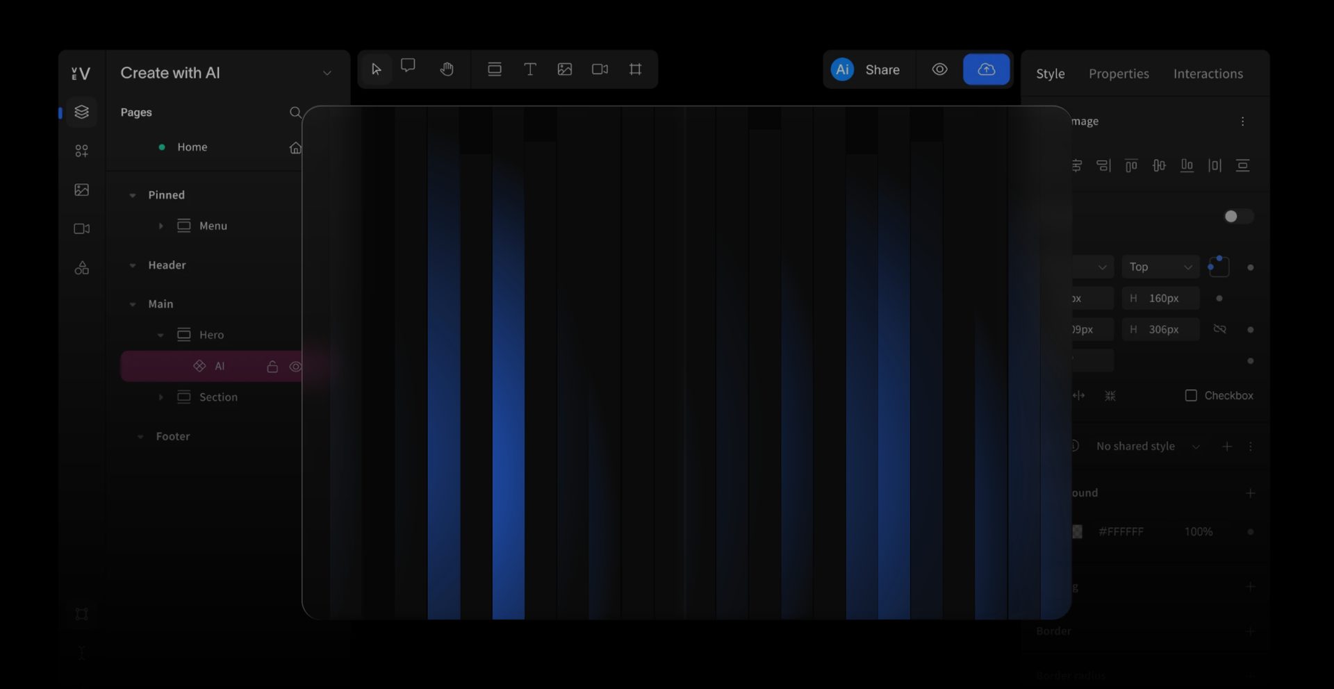 Dark-themed website builder UI with 'AI' page selected, showing tools and properties panel.