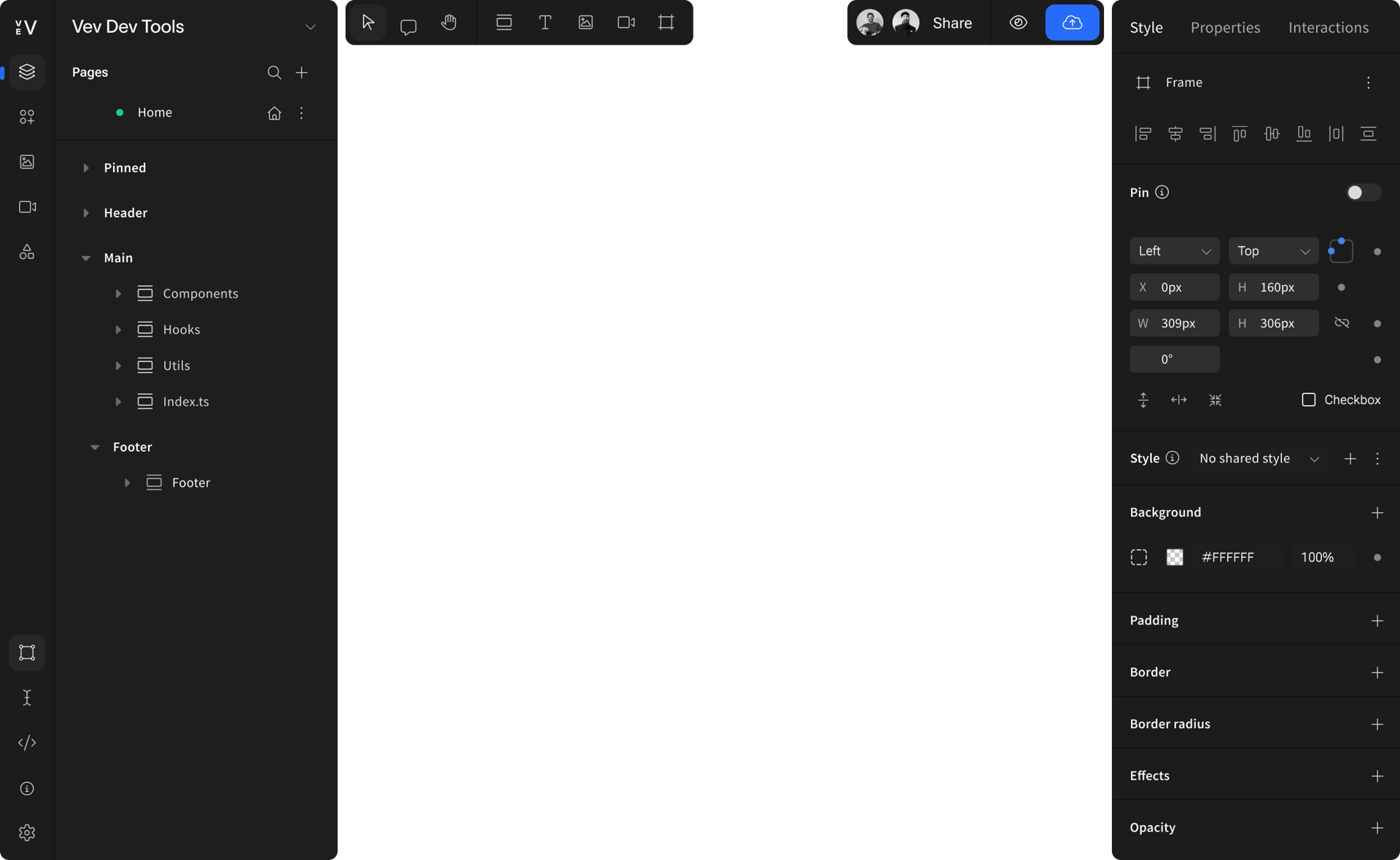 Vev Dev Tools interface: page hierarchy, frame style editor, and a central design area.