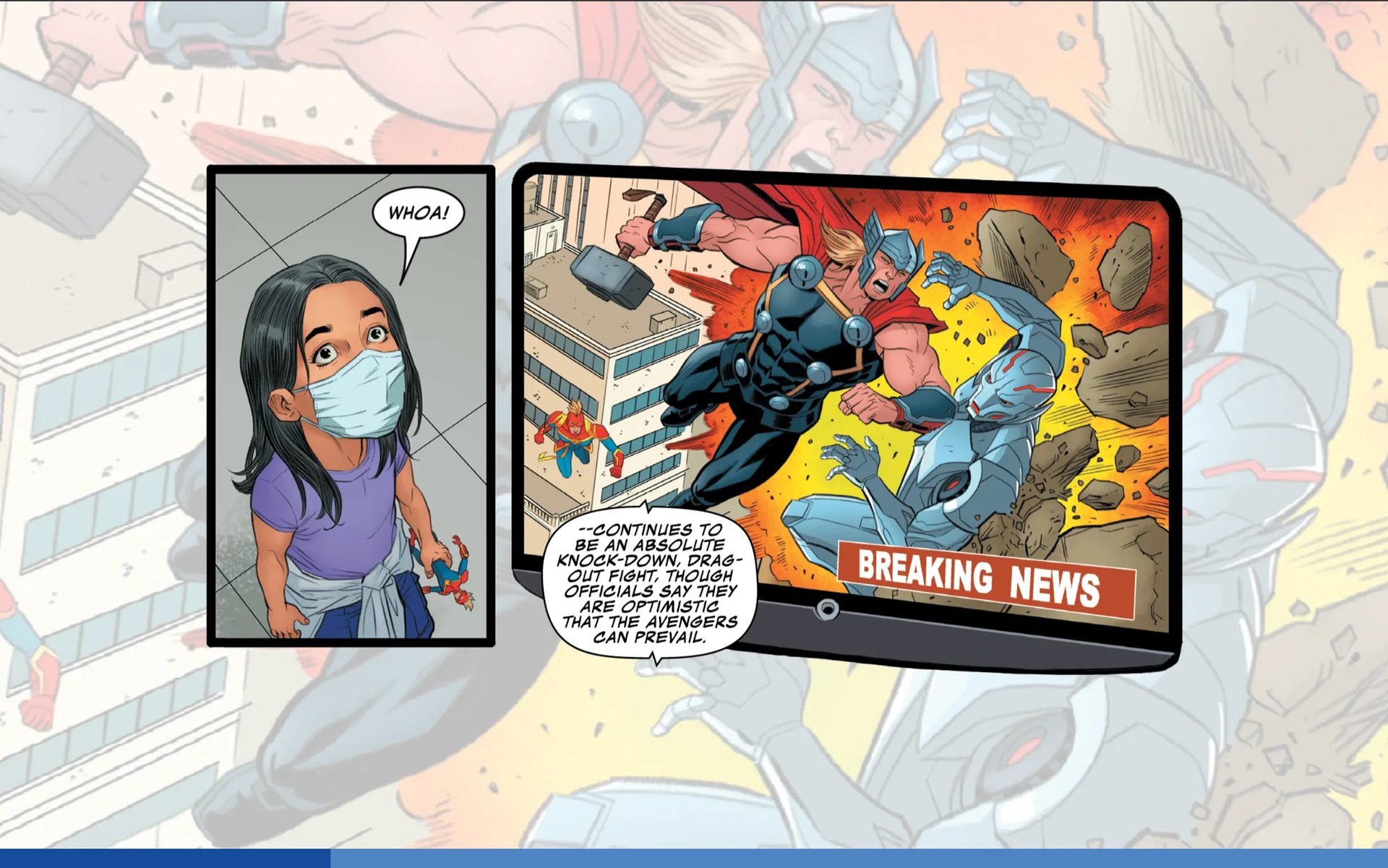 A masked girl says "WHOA!" while watching Thor fight Ultron on a "BREAKING NEWS" report.