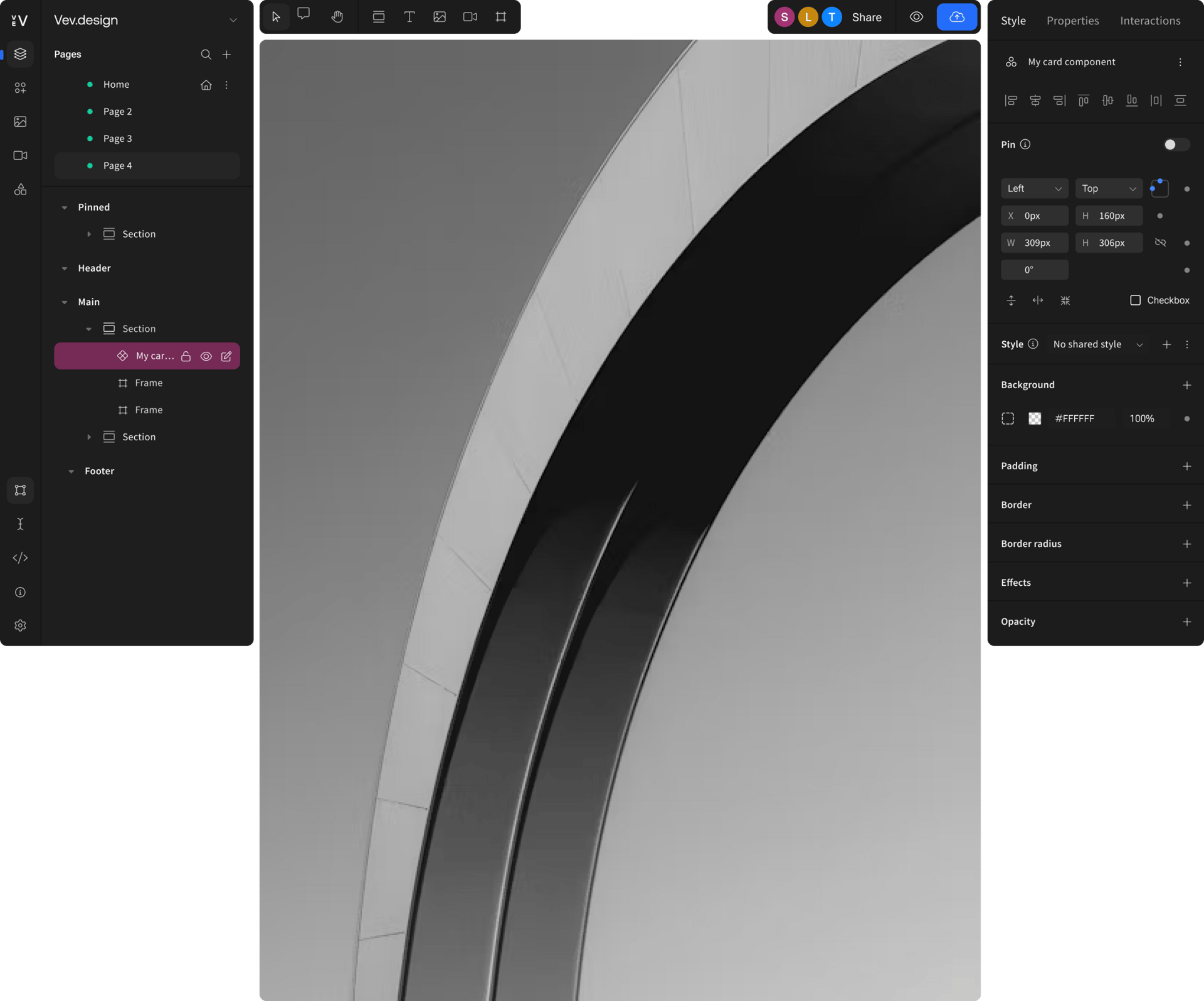 Vev.design UI: layers panel, style properties, and abstract image preview on canvas.