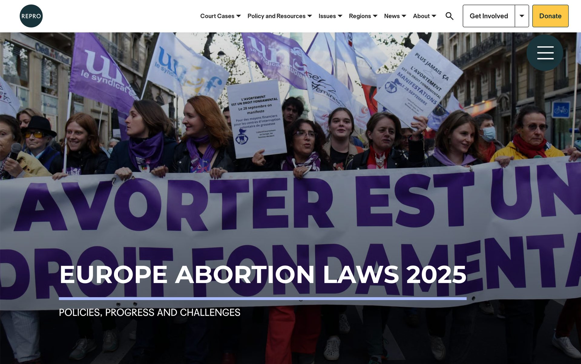 Activists protest for abortion rights, holding banners. Site text: Europe Abortion Laws 2025.