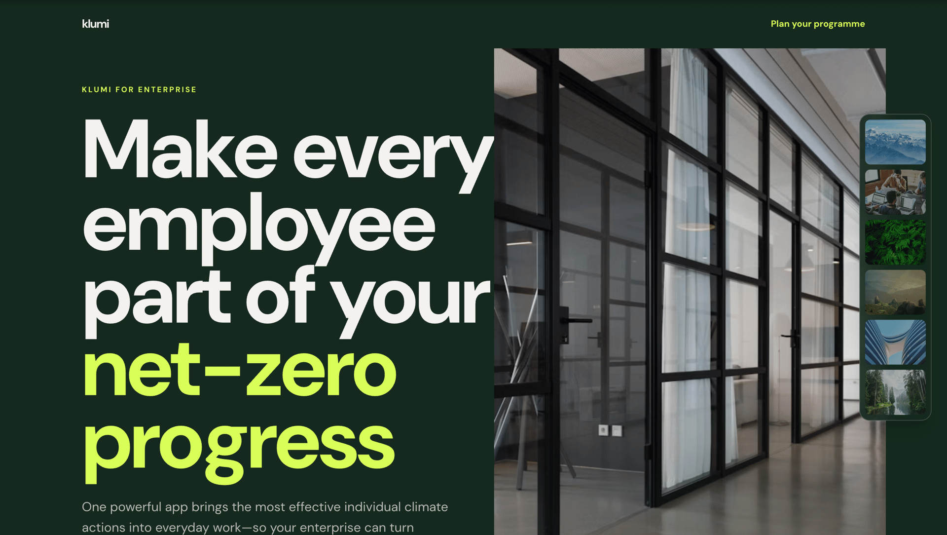 Ad for Klumi enterprise, showing text about net-zero progress next to modern office interiors.