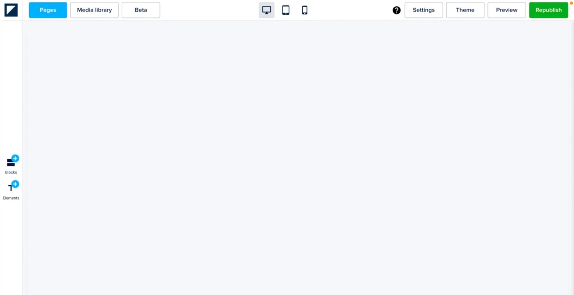Empty webpage builder interface with top navigation and left sidebar for blocks and elements.