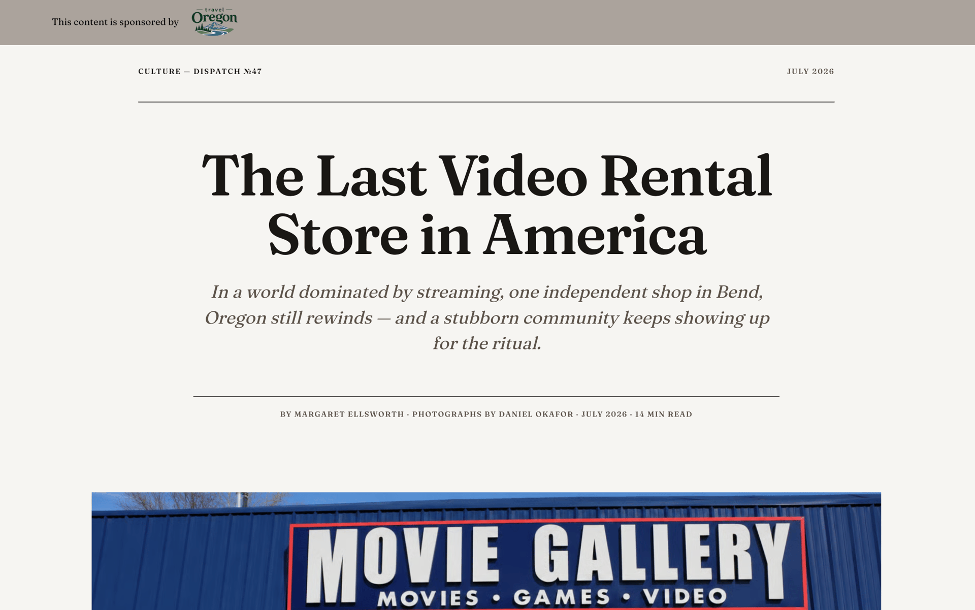 Article about "The Last Video Rental Store in America," with subtitle and a partial view of a "Movie Gallery" sign.