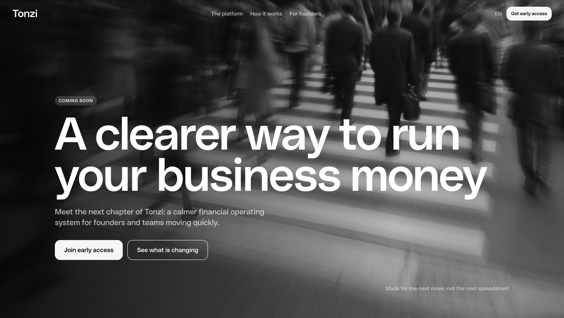 Tonzi homepage: 'A clearer way to run your business money,' offering a calmer financial operating system.