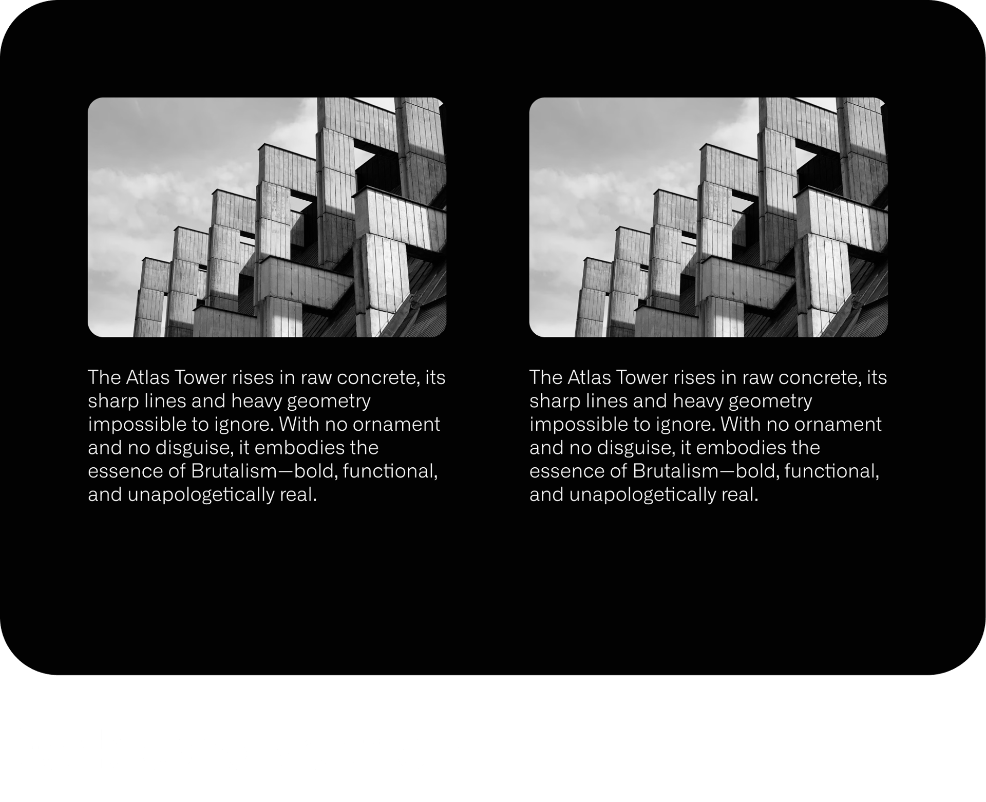 Two cards featuring B&W photos of a raw concrete Brutalist building and descriptive text.