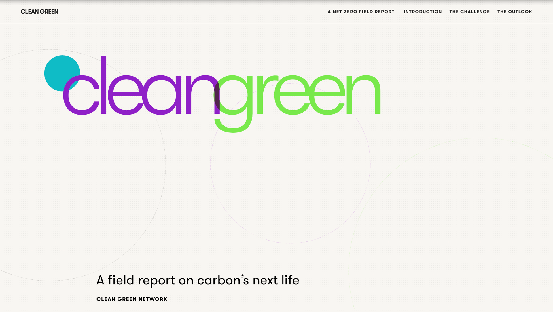 Clean Green website homepage with a large "cleangreen" logo and subtitle "A field report on carbon's next life".
