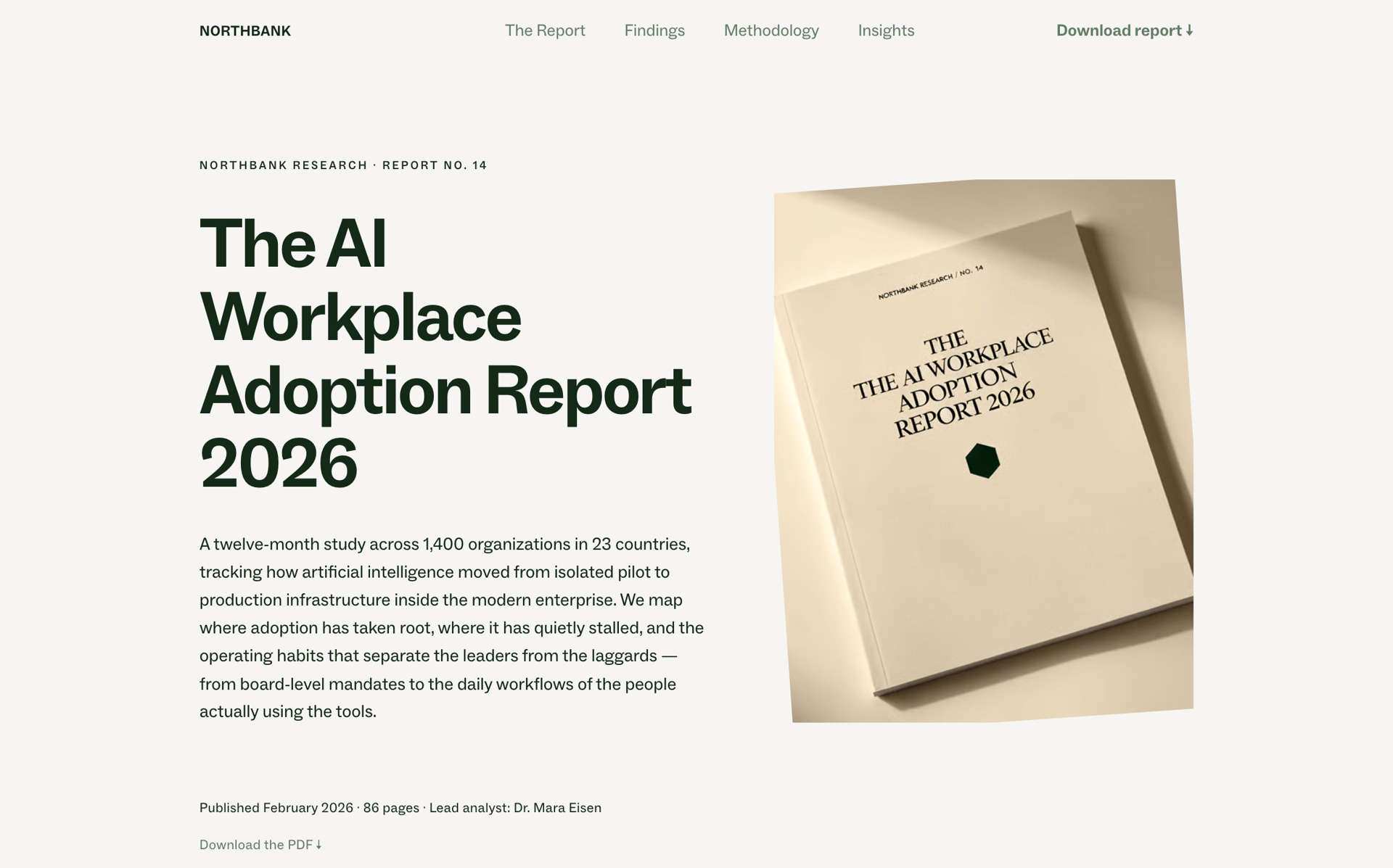 Webpage for "The AI Workplace Adoption Report 2026" featuring a summary and the report cover image.