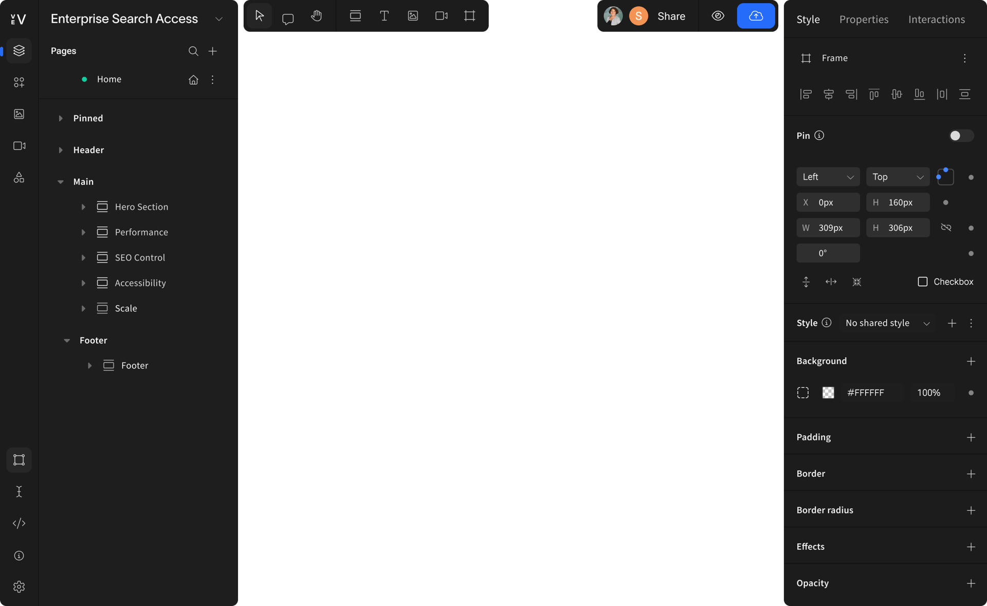 UI design tool showing page hierarchy, top tools, and a style properties panel for a frame.