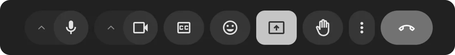 Video call toolbar: mic, camera, CC, reactions, screen share (active), raise hand, more, hang up.