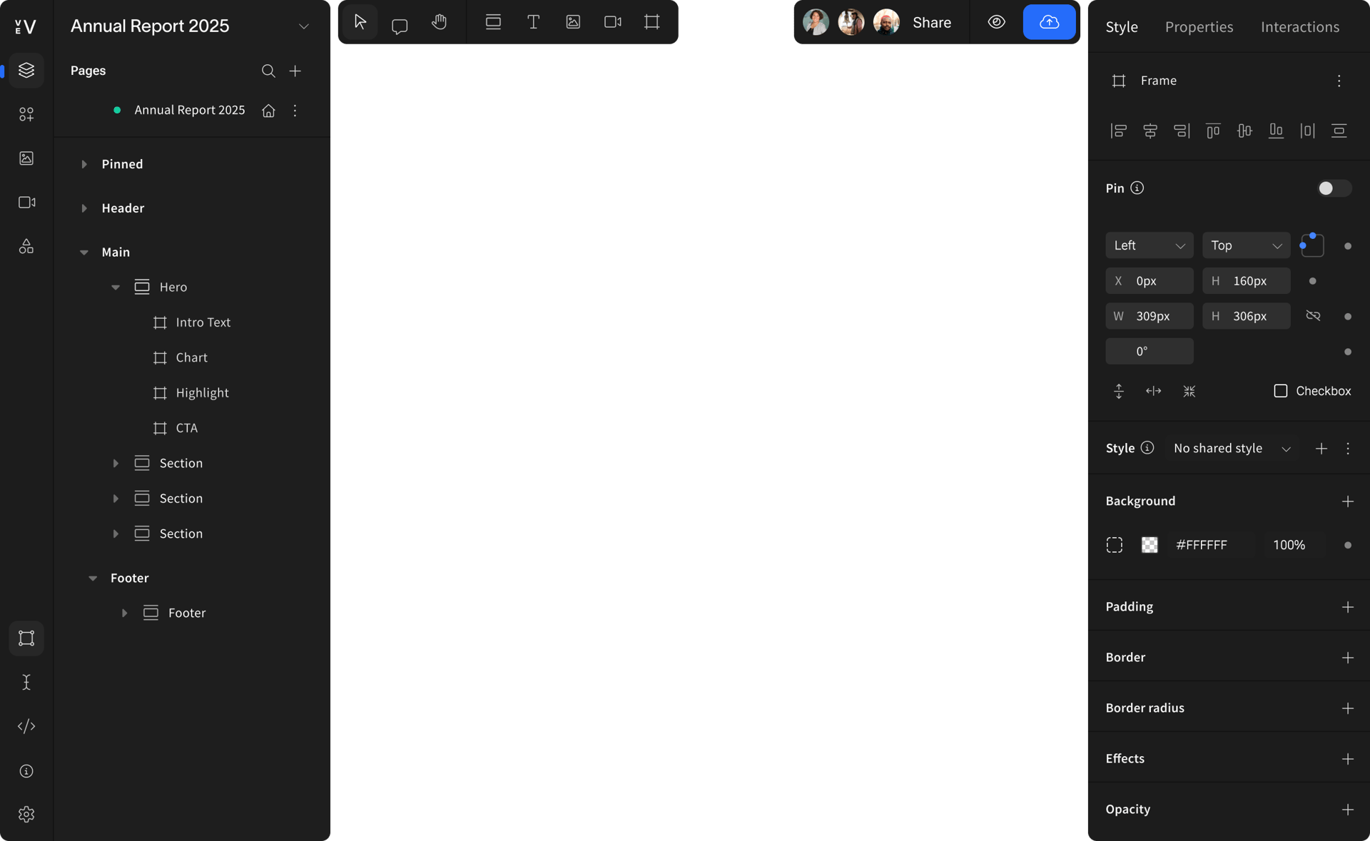 A UI design tool interface with layers panel, design canvas, and properties panel open.