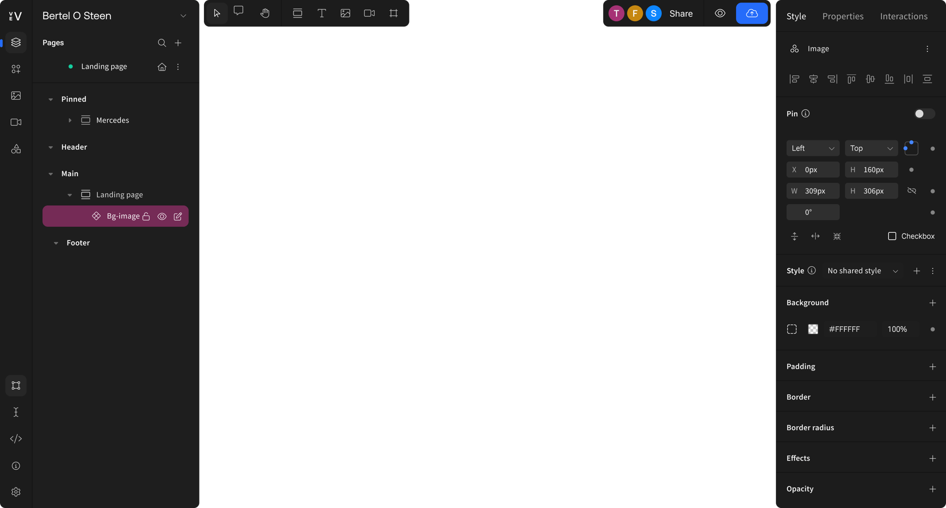 Design tool UI with page tree, canvas, and properties for a selected background image element.