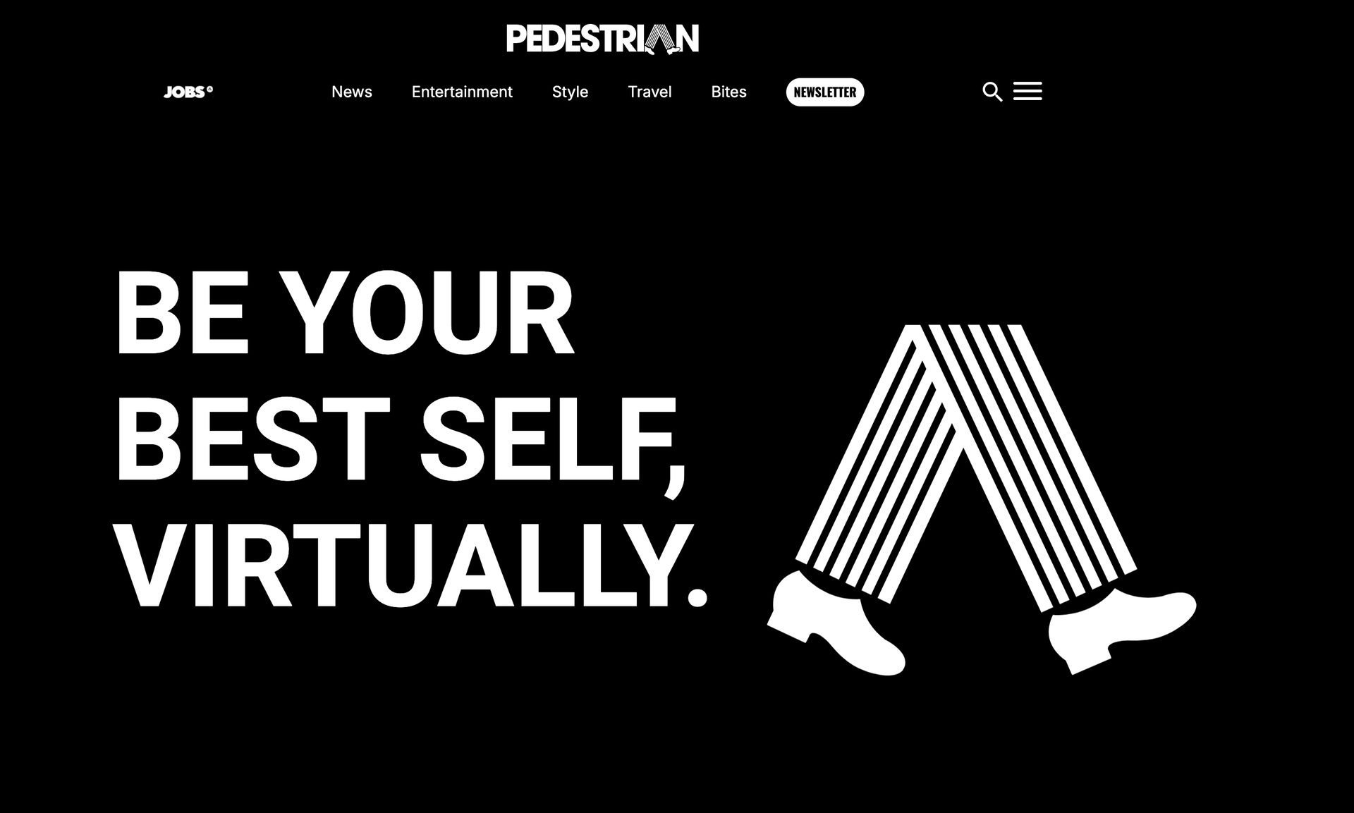 PEDESTRIAN website: "BE YOUR BEST SELF, VIRTUALLY." with a graphic of stylized walking legs.