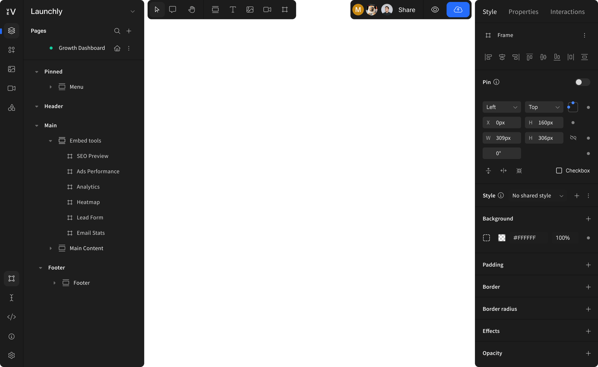 Launchly UI with page hierarchy on the left, element properties on the right, and toolbars.