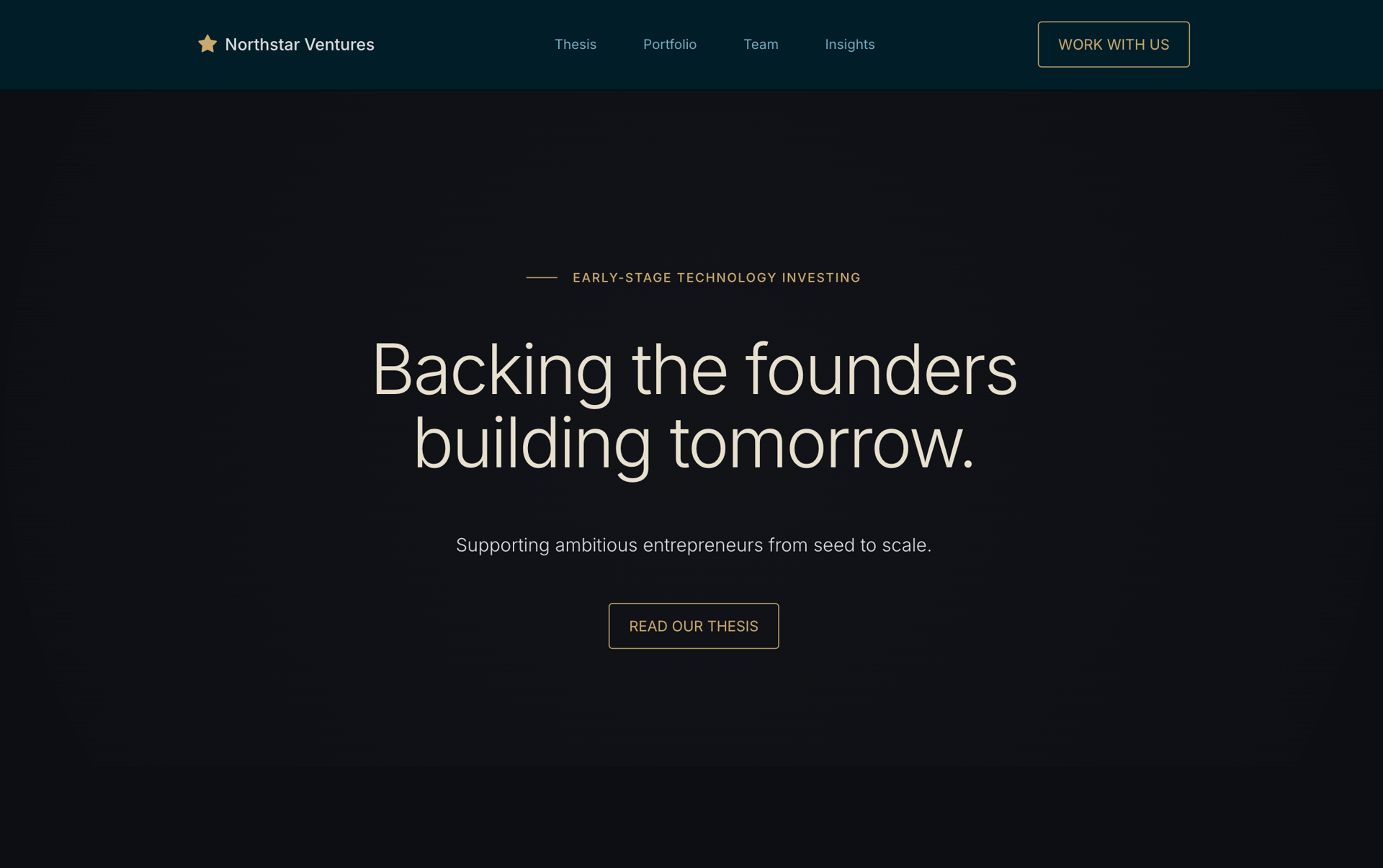 Dark website banner with 'Backing the founders building tomorrow' and 'EARLY-STAGE TECHNOLOGY INVESTING'.