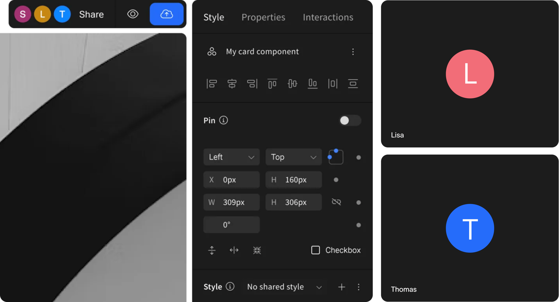 UI design software: component properties, collaboration tools, Lisa and Thomas profiles.