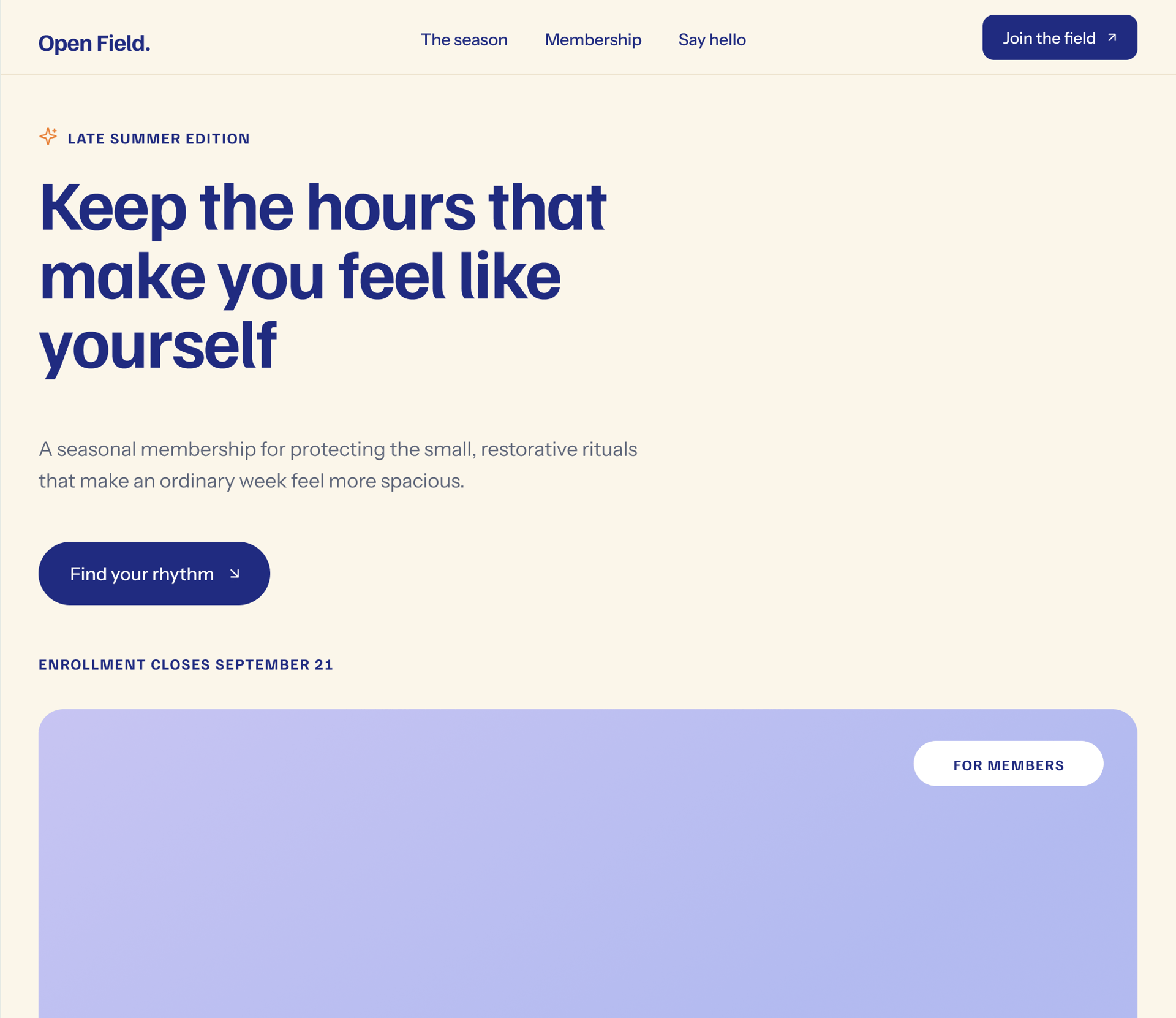 Open Field website landing page promoting a seasonal membership to protect restorative rituals.