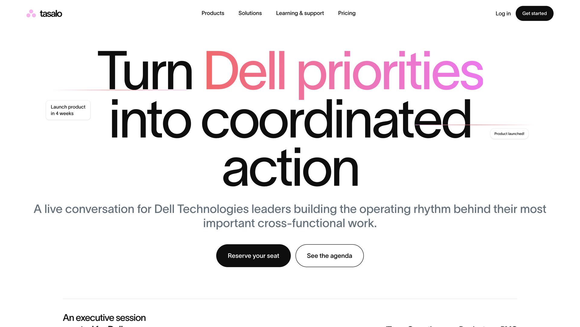 Tasalo's homepage with a headline about turning Dell priorities into action for Dell Technologies leaders.