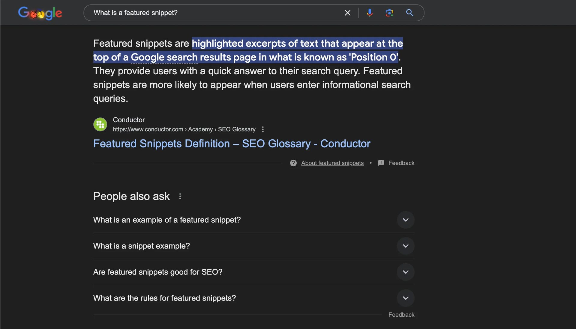 Google search results page displaying a featured snippet that defines "What is a featured snippet?".