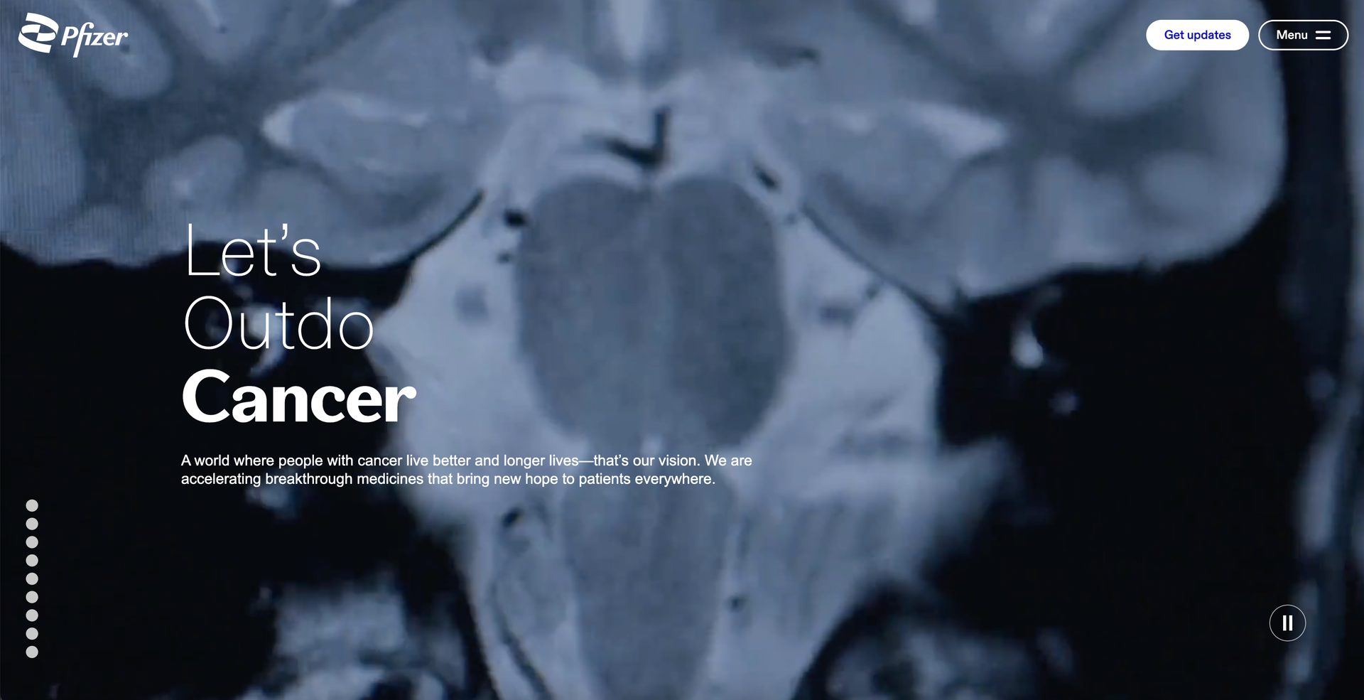 Pfizer webpage: "Let's Outdo Cancer" headline with a mission statement over a blue medical brain scan.