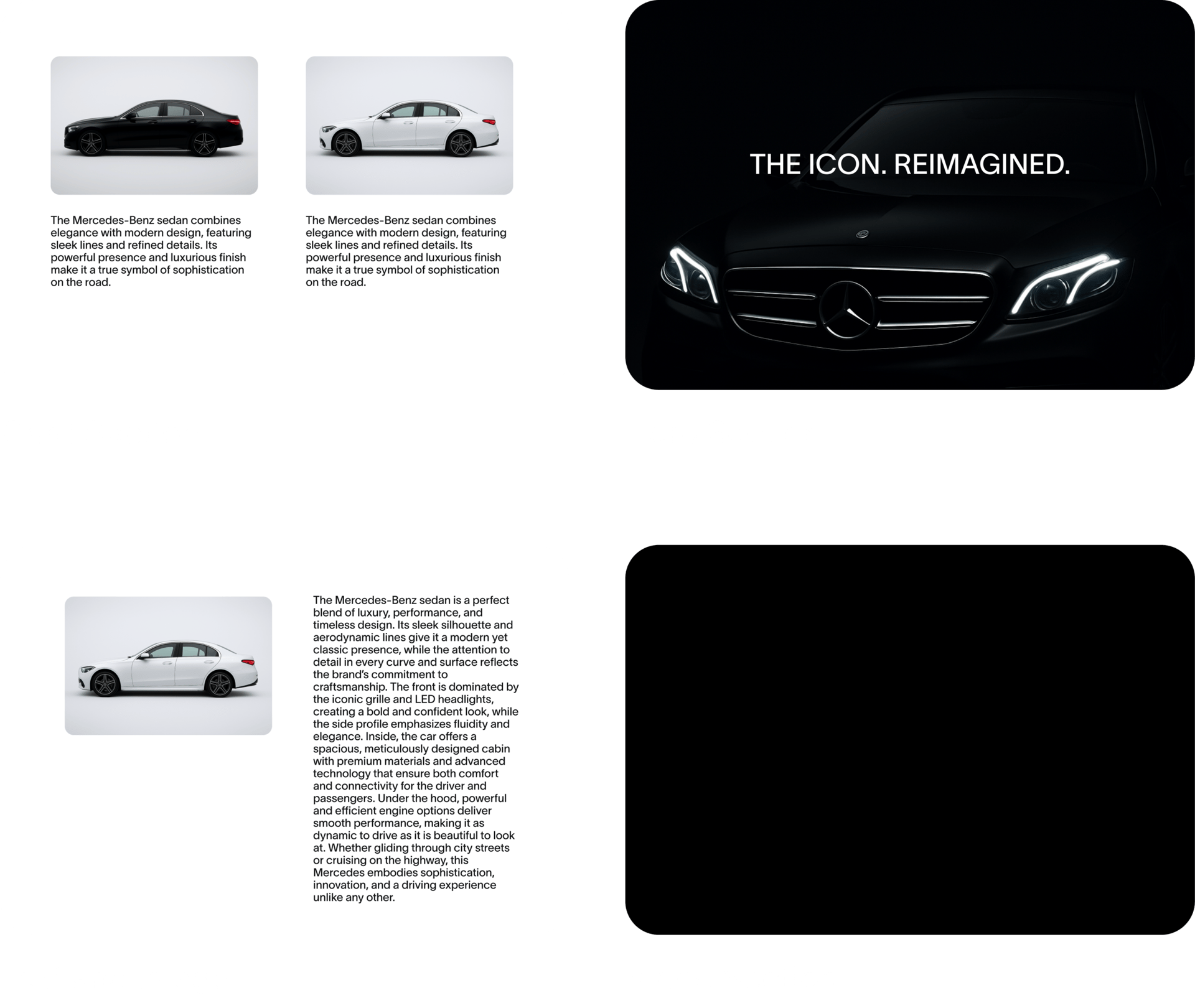 Website layout showcasing Mercedes-Benz sedans with images and descriptive text across multiple sections.