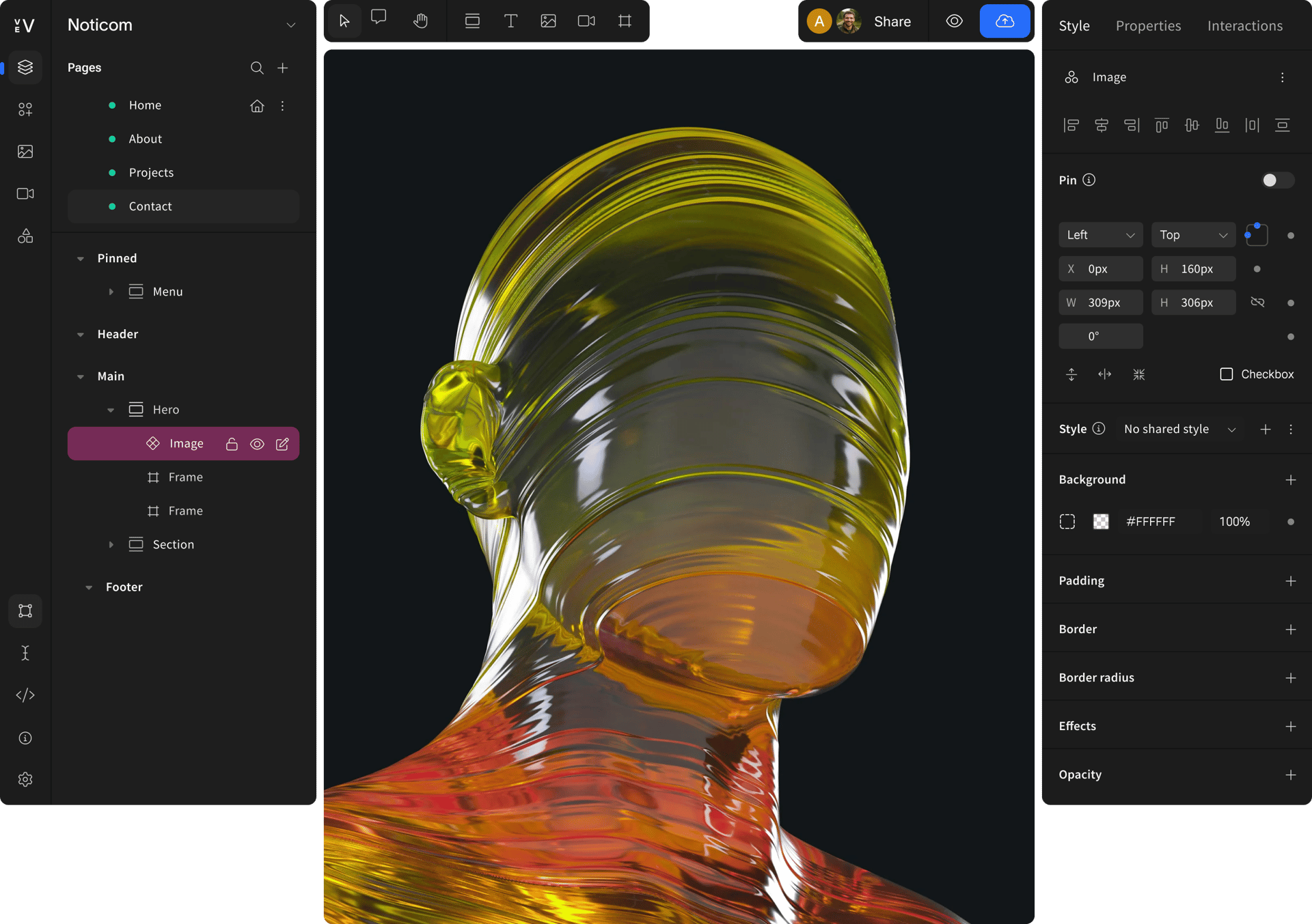 Dark-themed UI design software with a 3D translucent yellow/orange human bust, component tree, and style editor.