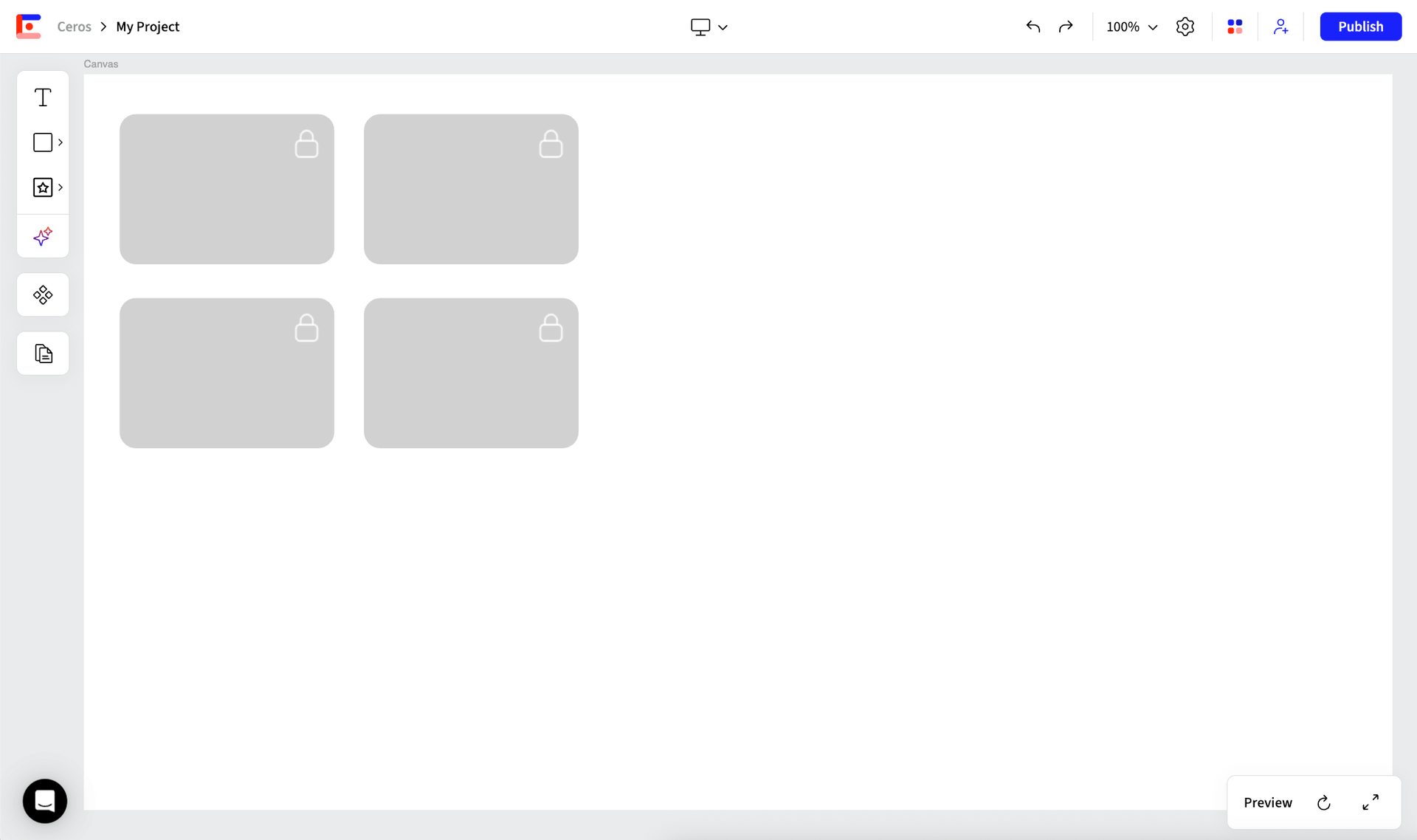 Web design interface showing "My Project" canvas with four locked grey placeholder elements and editing tools.
