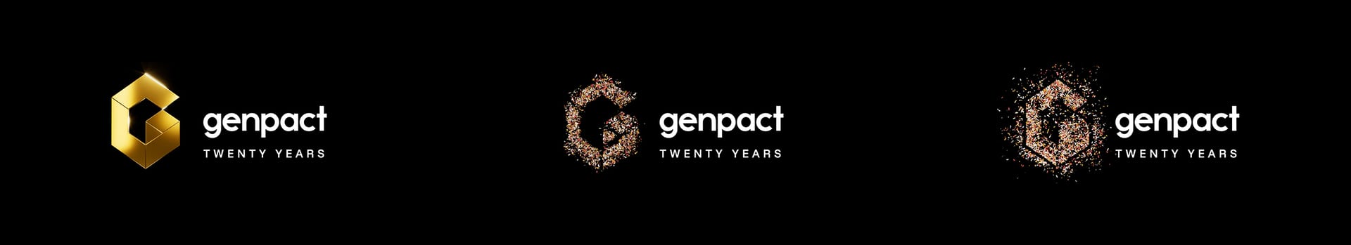 Genpact logo: gold 3D G, glitter G, and dissolving glitter G with "TWENTY YEARS" text.