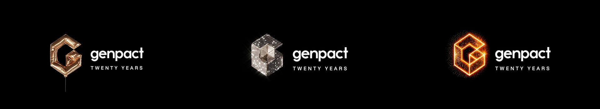 Three Genpact 'Twenty Years' logos: gold balloon, pixelated, and glowing 'G' designs on black.