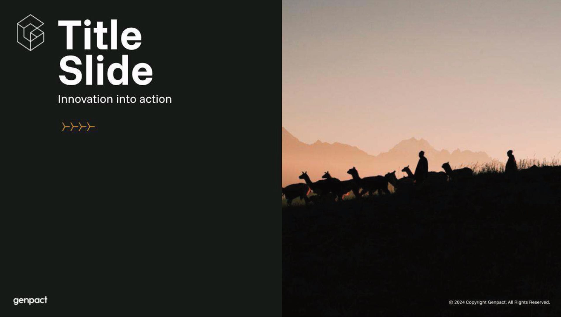 Genpact title slide: "Innovation into action", with sunset silhouette of people and alpacas.