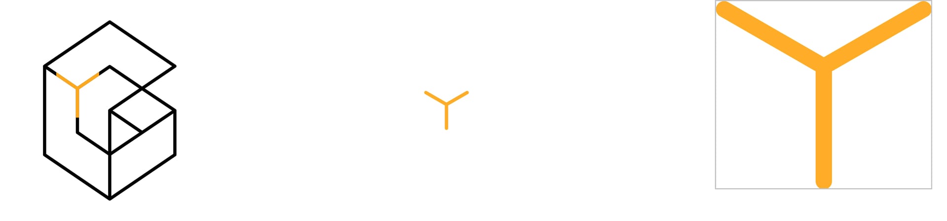 Yellow 'Y' shapes: one in a 3D optical illusion cube, two as 2D symbols.