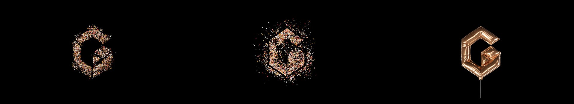 Golden letter 'G' evolving: from dense particles, to scattering, to a metallic balloon, all on black.