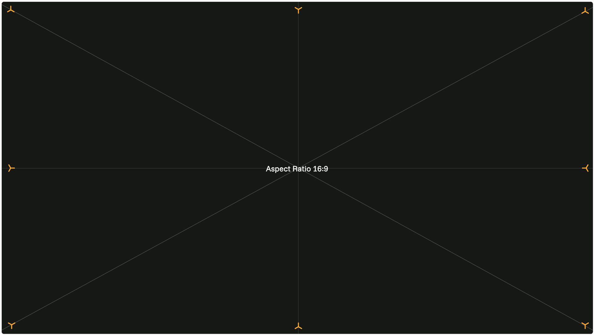 A 16:9 aspect ratio overlay with grid, diagonal lines, and corner markers on a dark background.