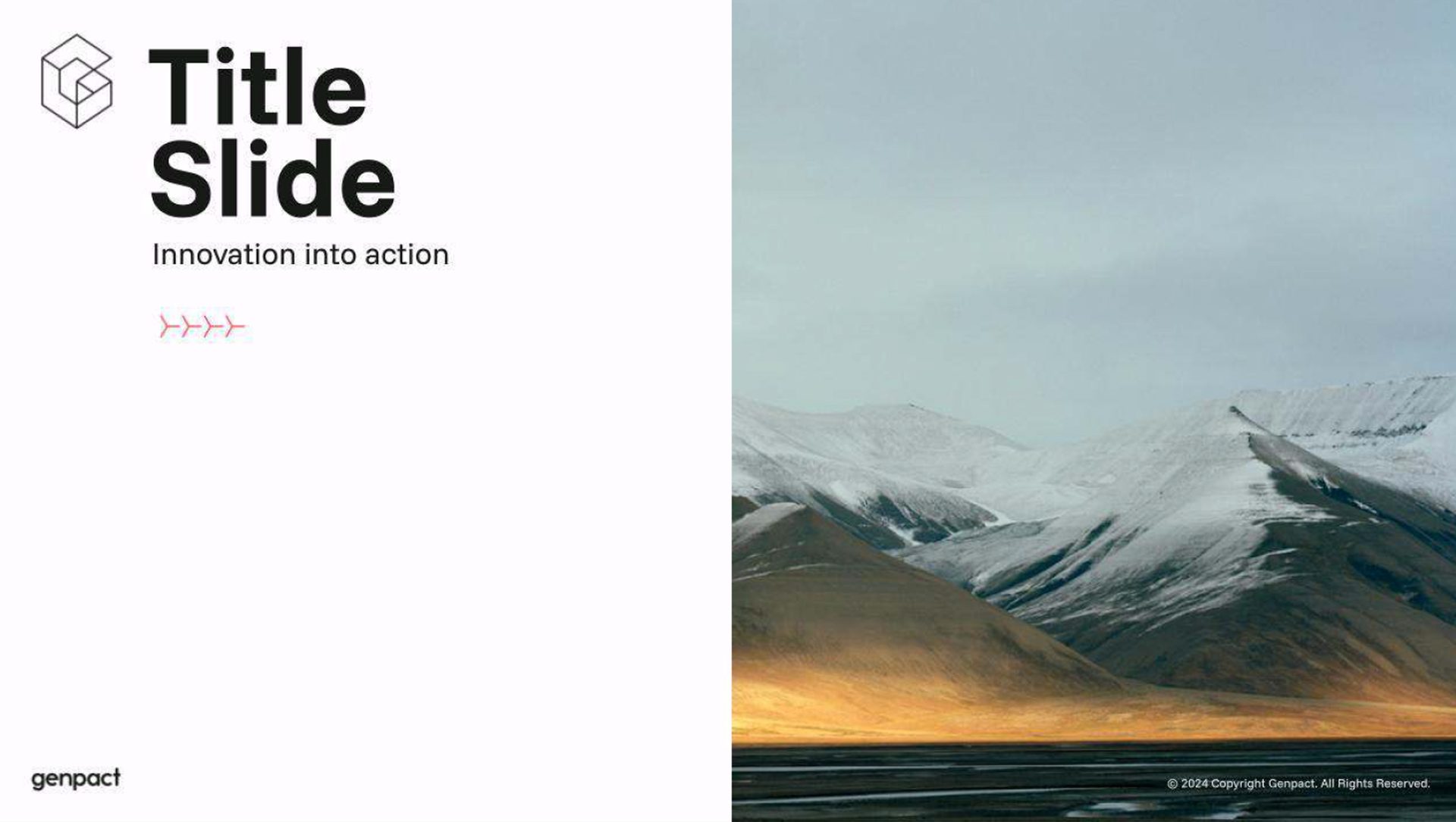 Presentation slide with "Title Slide," "Innovation into action," Genpact logo, and snowy mountains.