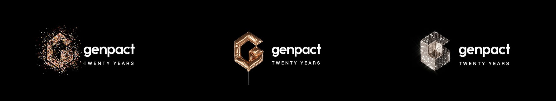Genpact 'Twenty Years' logos: Gs of glitter, gold balloon, and glowing cubes on black.