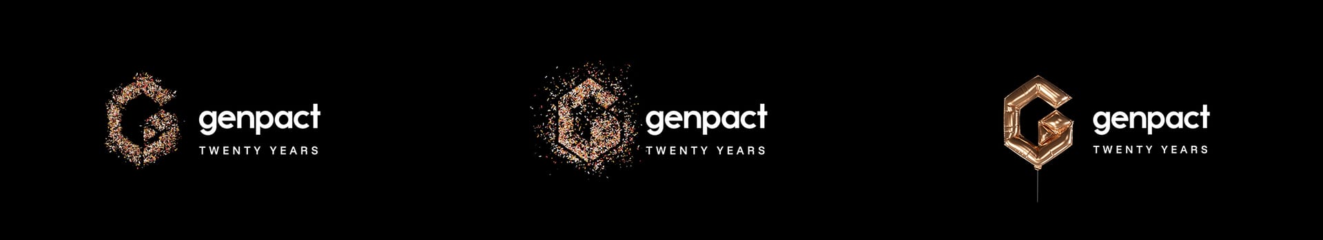 Genpact logo variations: a 'G' composed of particles, an explosion, and a golden balloon.