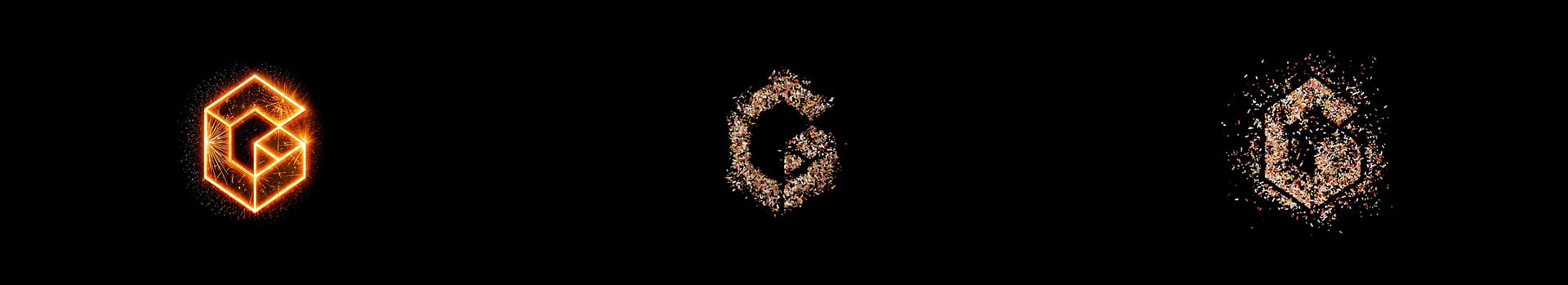 Three variations of a stylized G logo: glowing sparks, dense particles, and scattered particles on black.