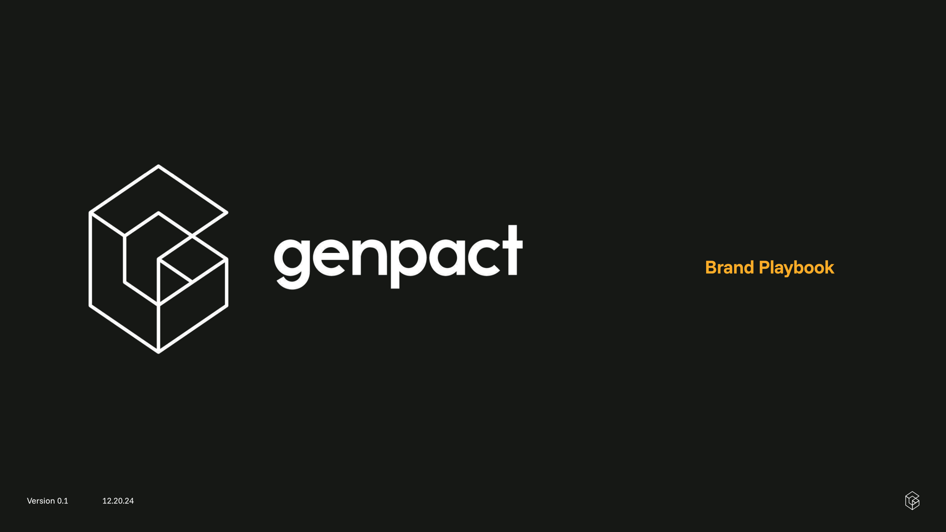 Genpact Brand Playbook title slide with white Genpact logo and orange text on black.