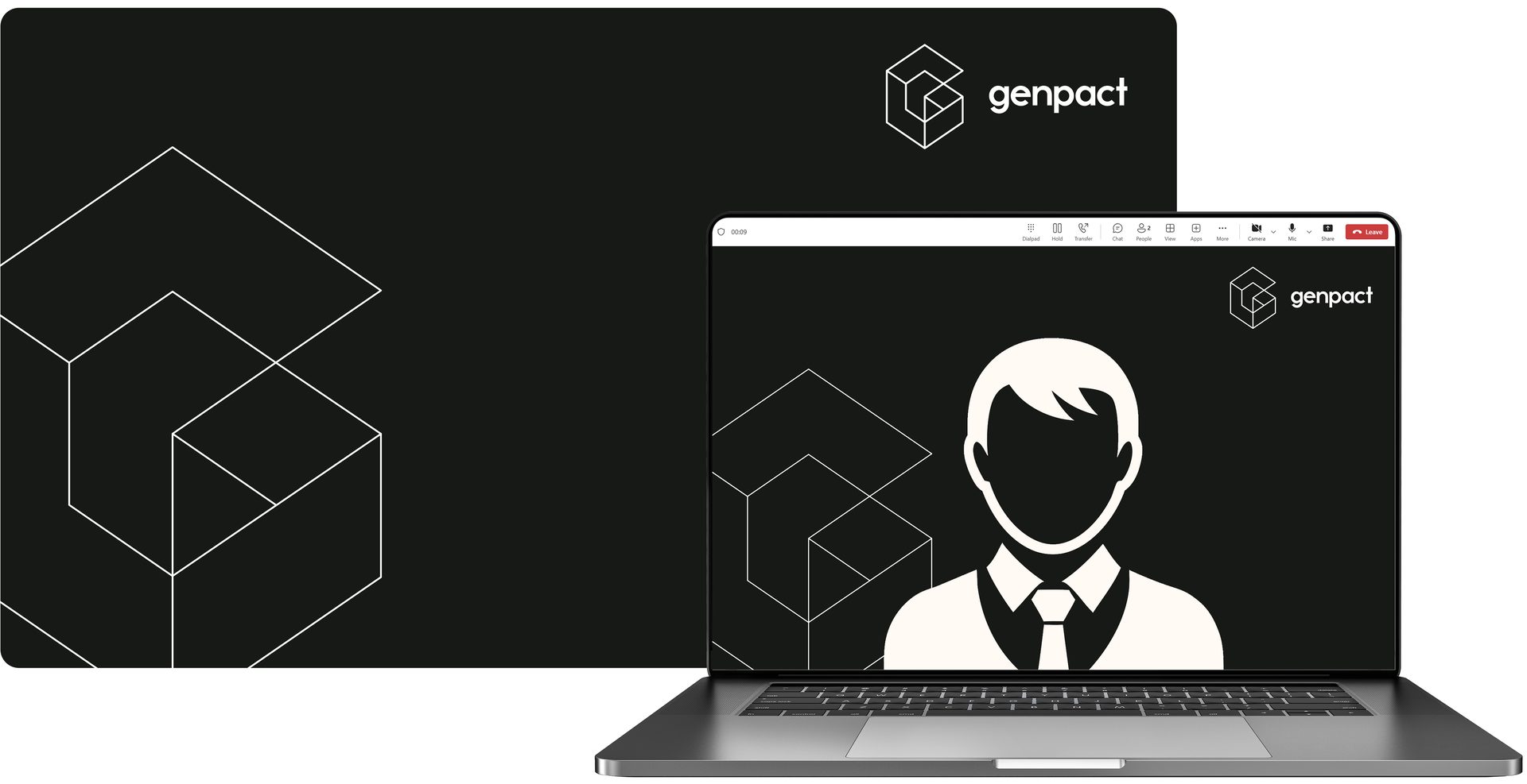 Black Genpact desk mat and laptop screen showing a video call with a person's silhouette.
