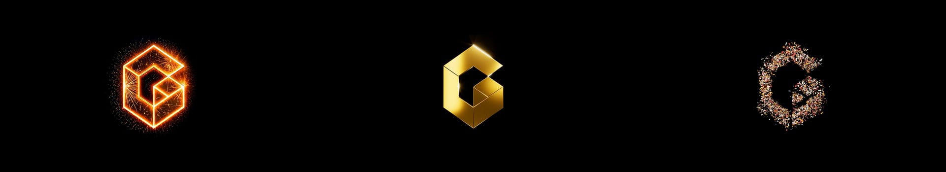 Three G-shaped designs: glowing orange, solid gold, and multicolored particles.