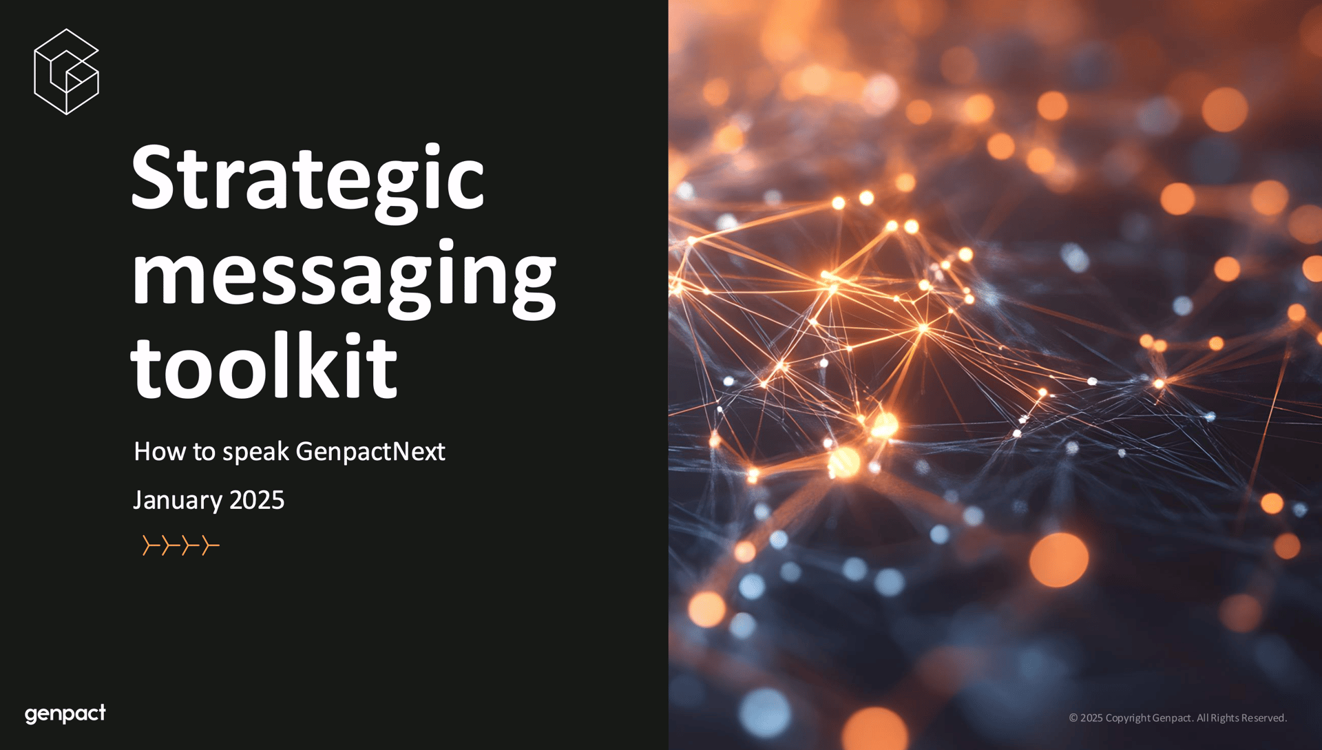Genpact presentation slide: "Strategic messaging toolkit," January 2025. Abstract network background.