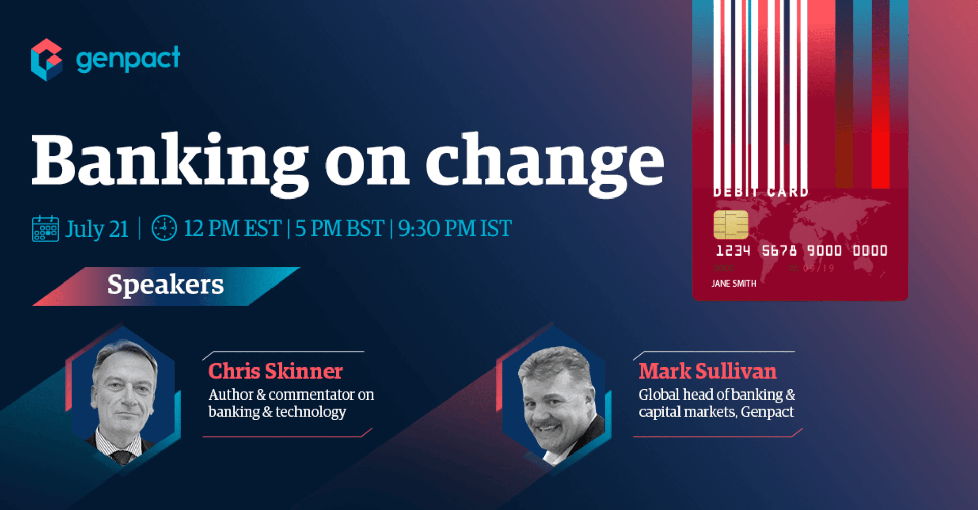 Genpact 'Banking on Change' webinar promo (July 21) featuring Chris Skinner and Mark Sullivan.