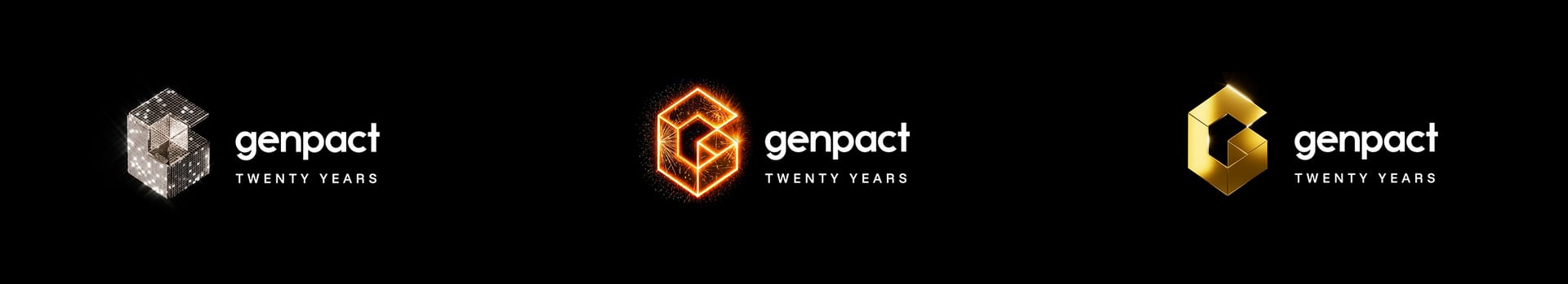 Three Genpact logo versions: sparkling, glowing, and golden 3D 'G' shape with 'Twenty Years'.