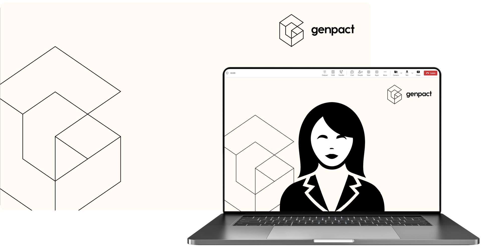 Genpact: geometric logo, patterns, and laptop with woman on video call.