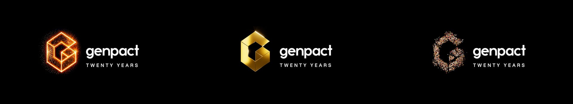 Genpact's 20th-anniversary logos: glowing orange, solid gold, and sparkly gold variants.